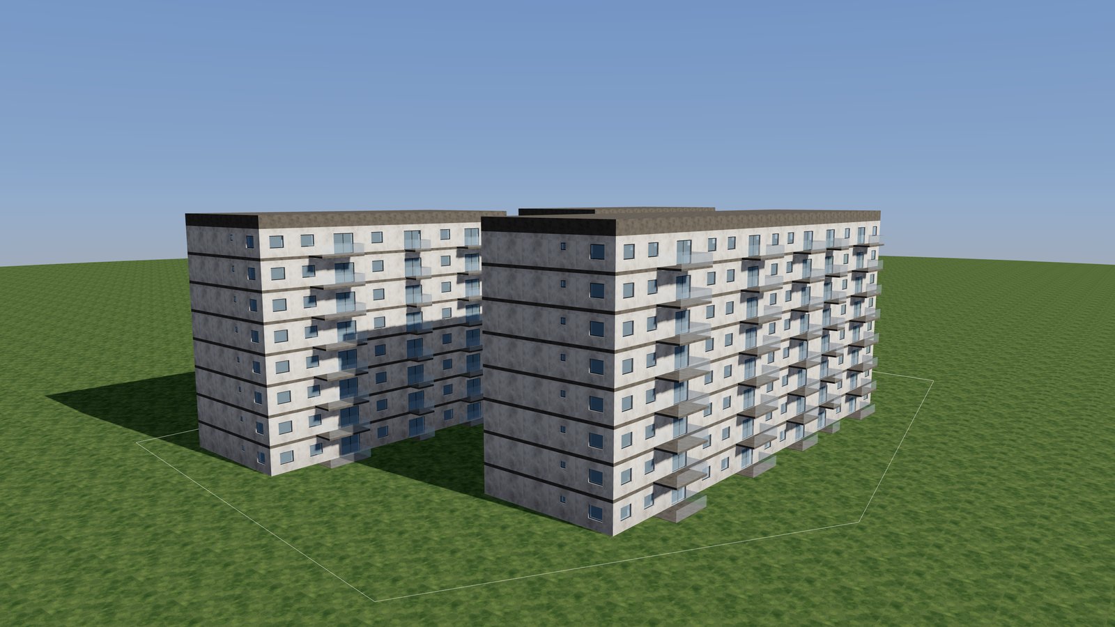 Realistic 3D render of the sample three-building apartment scheme under a clear sky, with light rendered facades, recessed glazing, glass balustrades and midwinter noon shadows on the grass