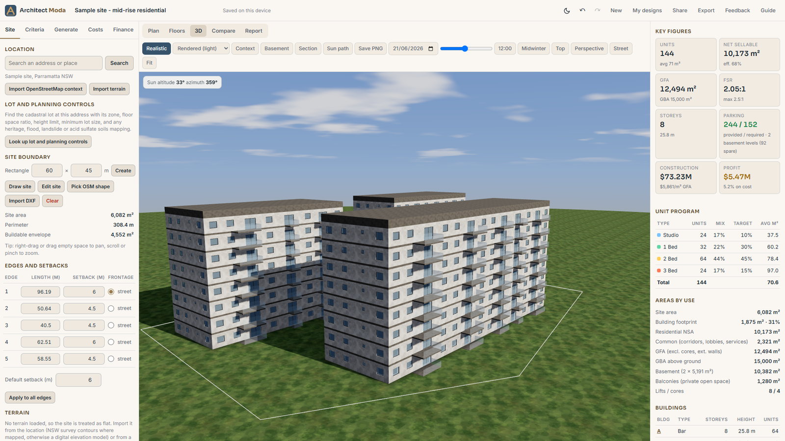Realistic 3D render of the sample three-building apartment scheme under a clear sky, with light rendered facades, recessed glazing, glass balustrades and midwinter noon shadows on the grass