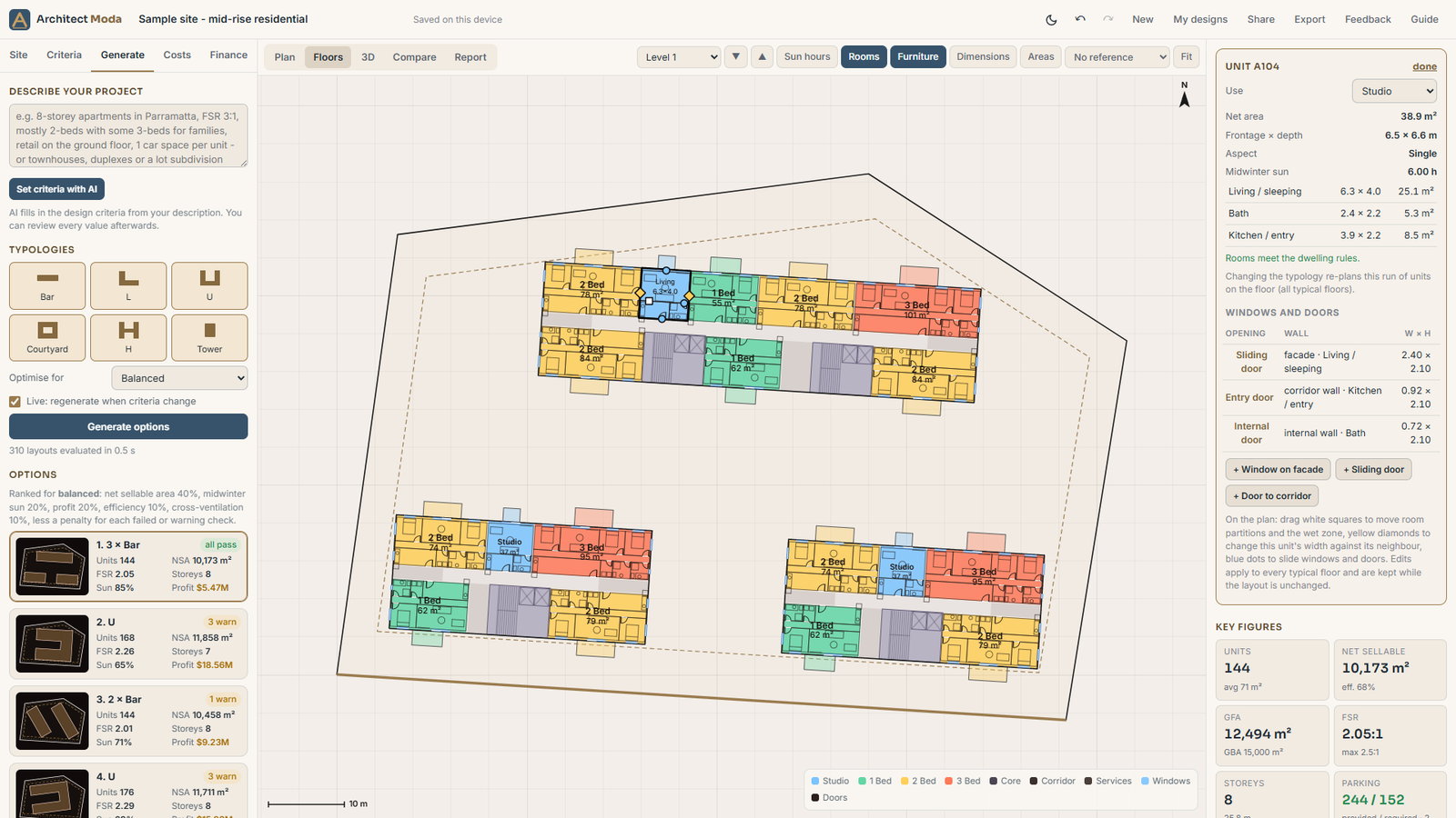The designer showing a generated scheme of three apartment blocks: the typical floor plan colour-coded by unit type, a selected apartment's room schedule, and live figures for units, floor area and parking