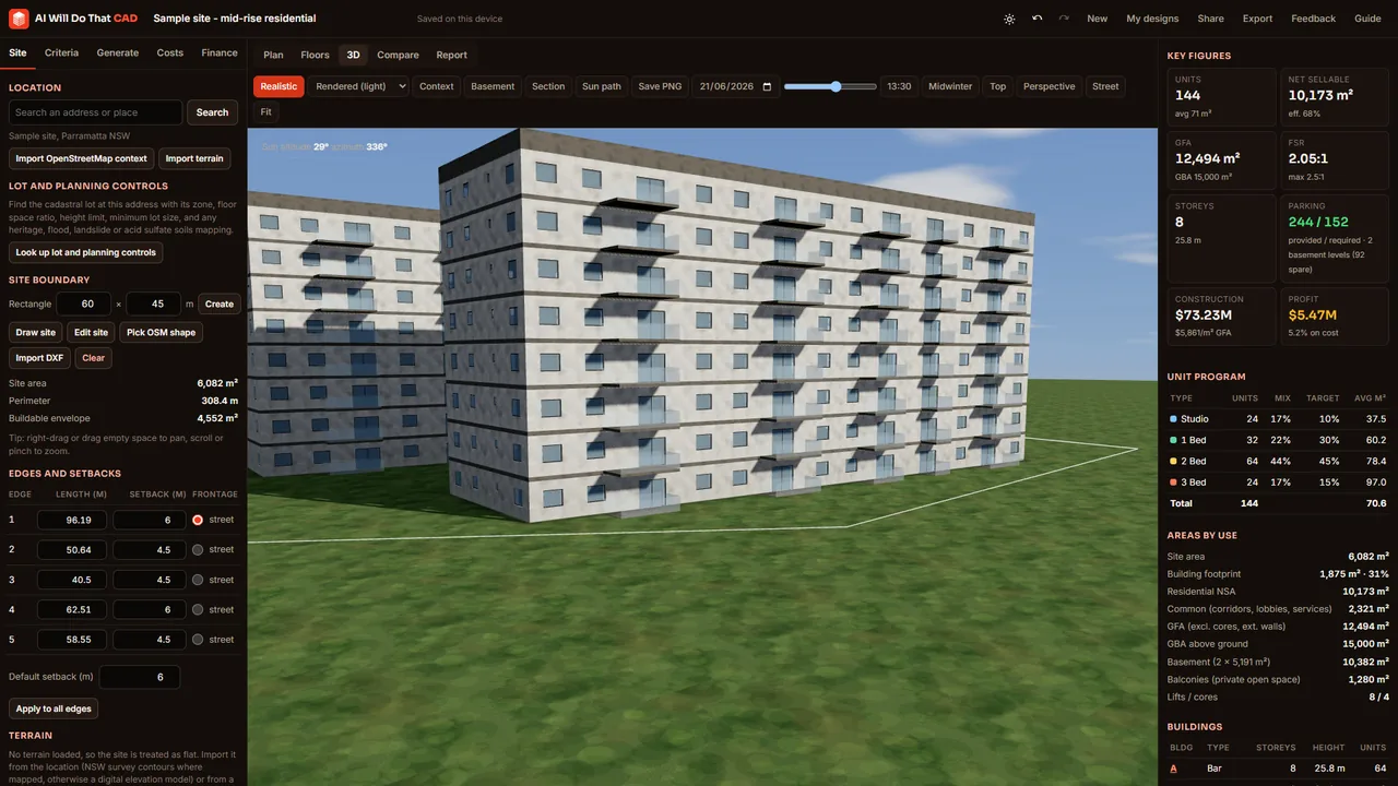 AI Will Do That CAD showing a mid-rise residential design in 3D, with site controls on the left and key figures on the right
